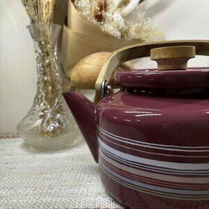 Vintage MCM Tea Kettle, Enamel teapot with wood handle, Deep Rust Red with str